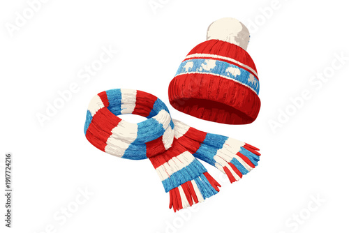 A red knitted beanie with a white pompom and a blue patterned band is paired with a matching red, white, and blue striped scarf, isolated against a solid black background.
