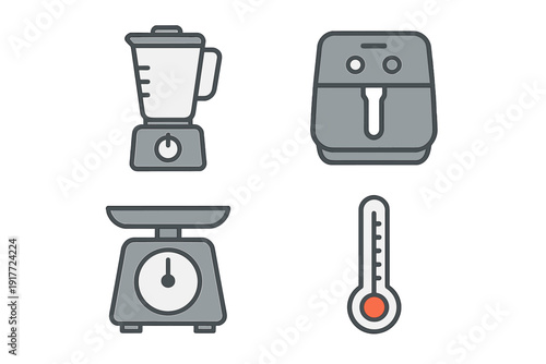 This set of four flat vector icons features essential kitchen tools: a blender, an air fryer, a scale, and a thermometer, all rendered in gray and white tones on a solid black background.