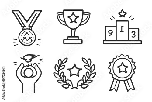 A collection of six minimalist line art icons representing achievement and success, including a trophy, medal, winner podium, laurel wreath, award ribbon, and a whistle.