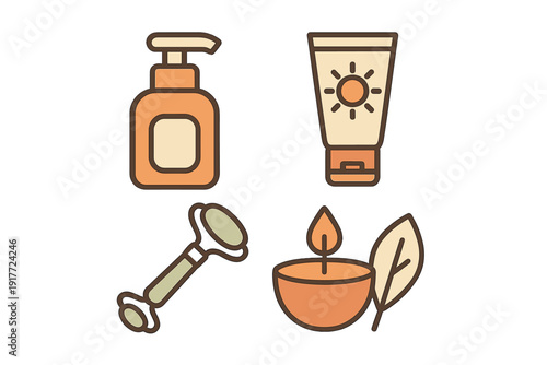 A set of four flat vector icons representing skincare and wellness products, including a pump bottle, a tube of sunscreen, a facial roller, and a scented candle with a leaf.