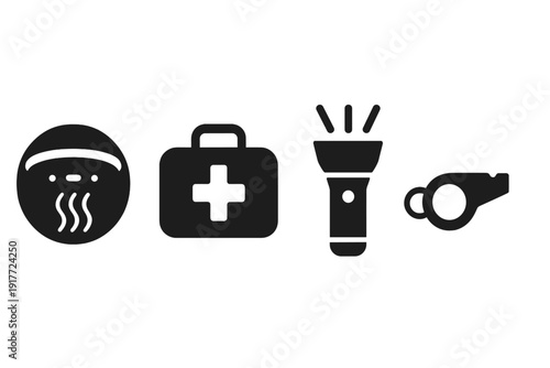 This image features four black minimalist icons for emergency safety: a smoke alarm, a first aid kit, a flashlight, and a whistle, all arranged horizontally on a white background.