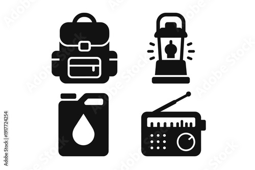 This set of four black minimalist icons features essential survival gear such as a backpack, a lantern, a fuel jerrycan, and a portable radio on a plain white background.