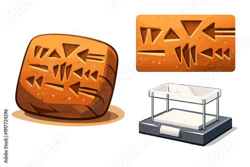 A digital illustration featuring an ancient clay tablet with cuneiform inscriptions, a close-up of the markings, and an empty museum display case on a black background.