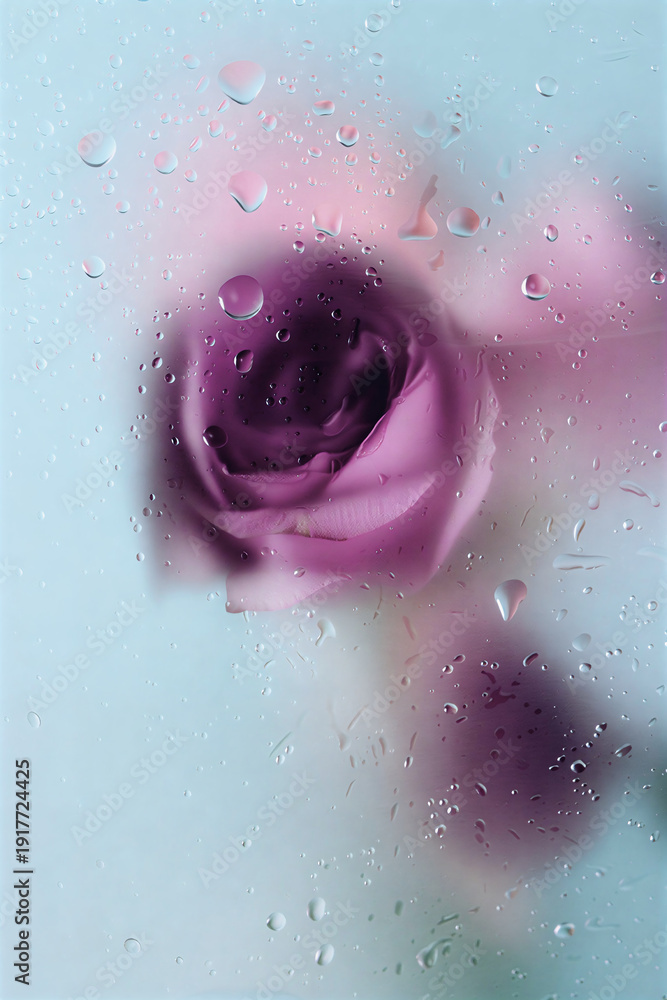 Fototapeta premium Purple rose behind glass with water droplets