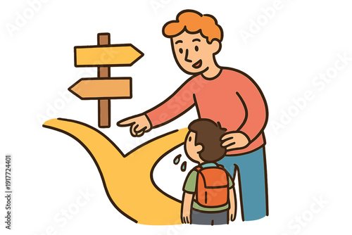 An illustration of a man pointing out directions to a young boy with a backpack at a fork in the road. A wooden signpost stands nearby as they decide which path to take together.