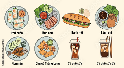 Delicious Vietnamese Cuisine Banh Mi, Pho, Spring Rolls, and Coffee