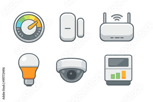 This set of six flat vector icons illustrates various smart home devices such as a wireless router, security camera, light bulb, door sensor, and energy monitoring display.