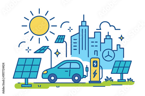 This flat vector illustration depicts a green city environment featuring solar panels, an electric vehicle at a charging point, and urban buildings under a bright yellow sun.