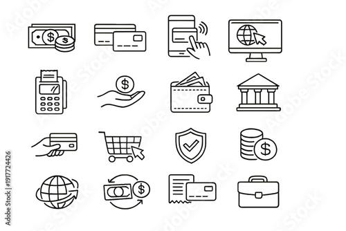 A collection of sixteen white line icons representing finance, banking, and e-commerce concepts such as credit cards, cash, online payments, and security on a solid black background.
