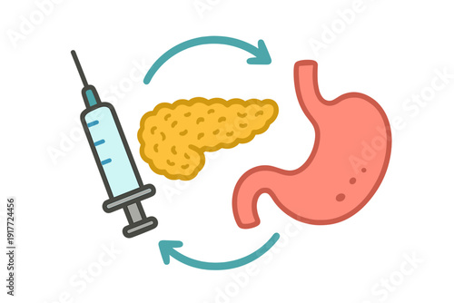 Medical illustration depicting a syringe, a pancreas, and a stomach with circular arrows indicating a relationship or cycle between them, set against a dark background.