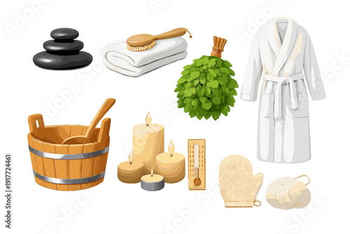 This 3D illustration features various sauna and spa items like a wooden bucket with ladle, white bathrobe, scented candles, massage stones, and a bath towel on a black backdrop.