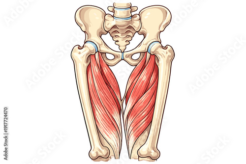 An anatomical illustration showing the human pelvic girdle and femur bones with detailed red muscle fibers on the inner thighs against a solid black background.