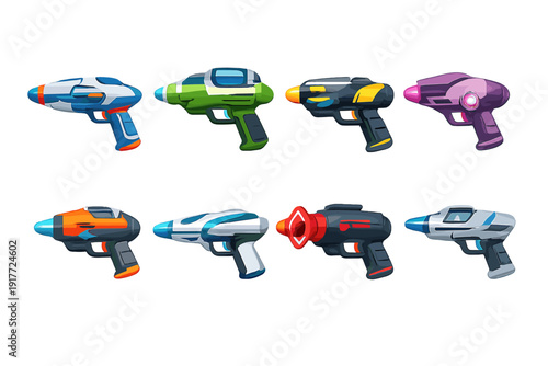 A collection of eight colorful futuristic toy blasters and ray guns arranged in two rows against a black background. Each weapon features a unique color scheme and stylized design.