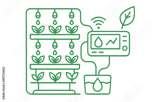 A green line art illustration of a smart vertical farming system featuring automated irrigation, a digital control panel with monitoring graphs and a water reservoir on a black background.