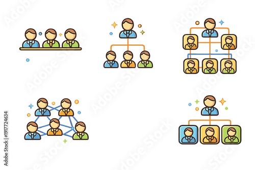 A collection of five colorful icons on a black background showing various organizational structures, team hierarchies, and network connections between stylized human figures.