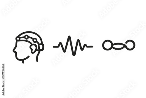 A set of three minimalist line icons featuring a human head with an EEG headset, a brainwave signal waveform, and a connection symbol, representing neuroscience and technology.