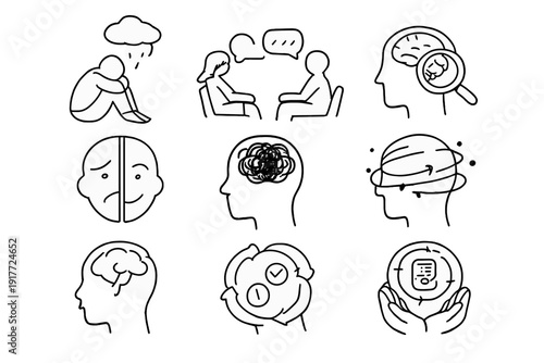 This set of nine minimalist white line icons on a black background illustrates various mental health topics, including therapy, depression, brain function, and emotional well-being.