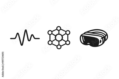 Three black minimalist icons representing technology and science are displayed on a white background, featuring a waveform, a network structure, and a virtual reality headset.