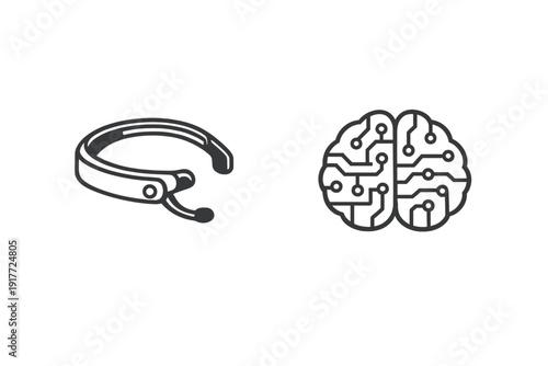 A minimalist black and white illustration featuring a wearable technology headset next to a human brain icon designed with integrated circuit board patterns on a dark background.