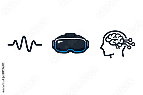 A set of three digital icons including a frequency wave, a VR headset with blue highlights, and a human head profile with an integrated neural network on a black background.