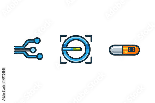 Three stylized digital icons representing technology and medicine on a black background. The set includes a circuit branch, a circular interface, and a high-tech medical capsule.
