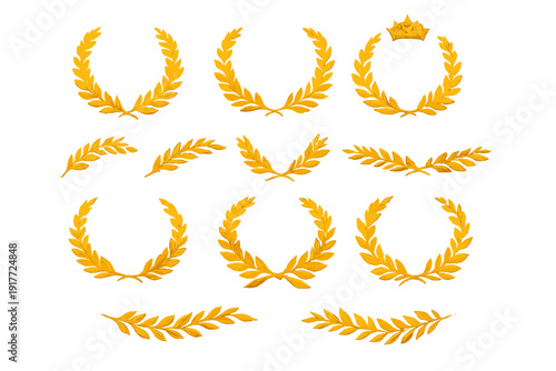 A collection of golden laurel wreaths and branches arranged on a black background. These metallic elements feature detailed leaves and various circular and linear designs for awards.