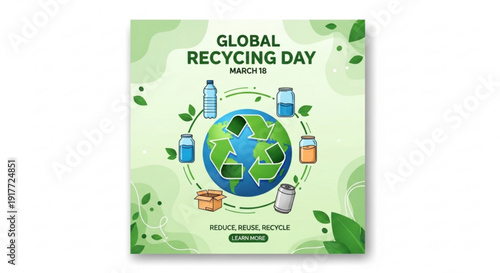 Global recycling day poster with earth surrounded by recyclable materials and reduce reuse recycle slogan on green background