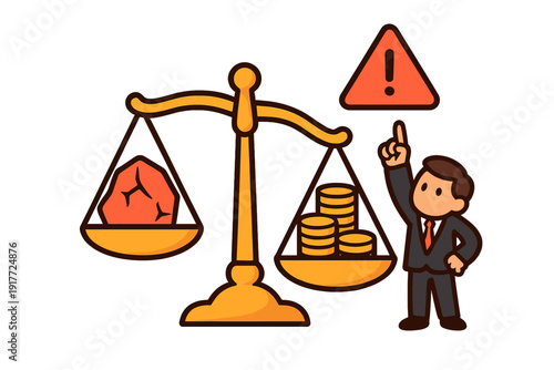 A businessman in a suit points to a red warning symbol while a scale balances a large red ore against stacks of gold coins. The illustration is set against a black background.