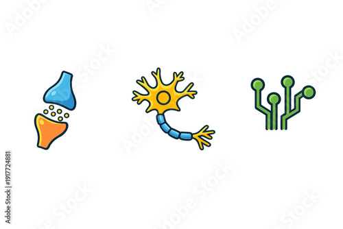 Three colorful icons representing biological and digital connections, including a synapse, a neuron cell, and an electronic circuit board, set against a solid black background.