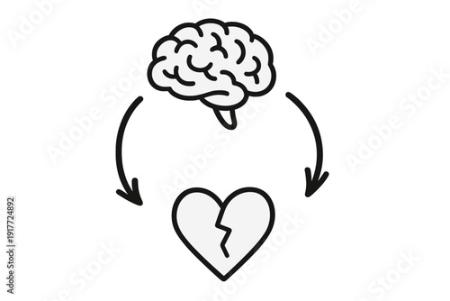 A black and white illustration shows a human brain at the top with two curved arrows pointing down towards a broken heart symbol below it, representing the link between mind and emotion.