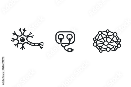 Three minimalist icons on a black background representing a biological neuron, an electrical power outlet with a plug, and a complex interconnected neural network structure.
