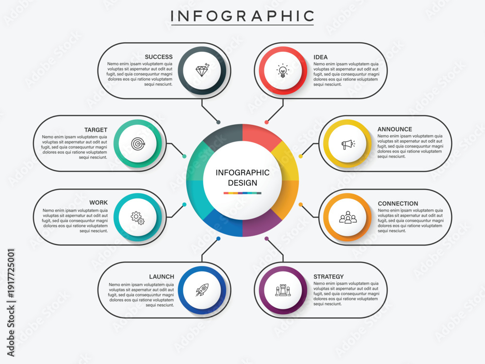 Obraz premium Circular 8 steps mind map infographic template with central core and labels