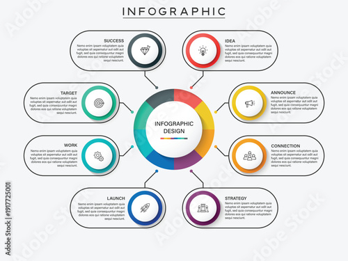 Circular 8 steps mind map infographic template with central core and labels
