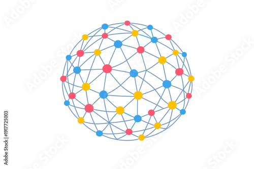 An abstract digital illustration of a spherical network composed of interconnected blue, yellow, and red nodes on a black background, representing global connectivity and data.