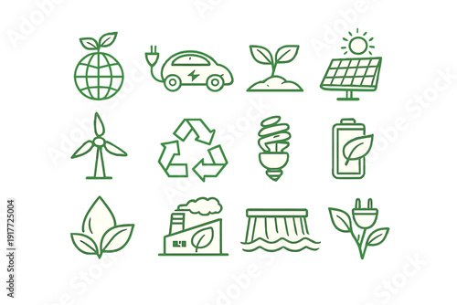 A collection of twelve green line icons representing renewable energy and environmental sustainability, including solar panels, wind turbines, and recycling symbols on a black background.