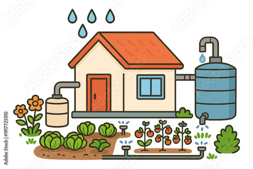 This illustration depicts a sustainable home with a rainwater collection system. Water from tanks is used to irrigate a garden filled with fresh vegetables and flowers.