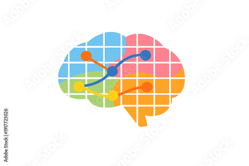 A stylized illustration of a human brain divided into colorful sections with a white grid and connecting nodes, representing neural networks and data analysis on a black background.