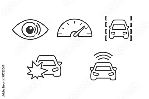 A set of five white outline icons on a black background representing automotive safety features like collision warning, lane departure, speed monitoring, and smart car connectivity.