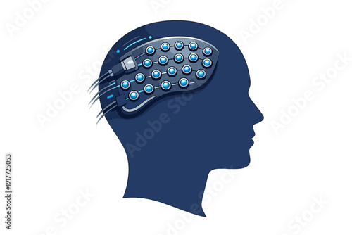 A digital illustration of a human head silhouette featuring a futuristic neural implant with glowing blue nodes and wires, representing brain-computer interface technology.
