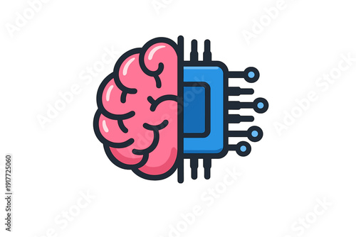 This graphic shows a pink human brain connected to a blue electronic circuit board on a black background, symbolizing the fusion of human intelligence and machine learning.