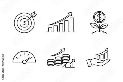 Six minimalist white line icons on a black background depicting business concepts like target hitting, financial growth, investment plants, performance gauges, and profit charts.