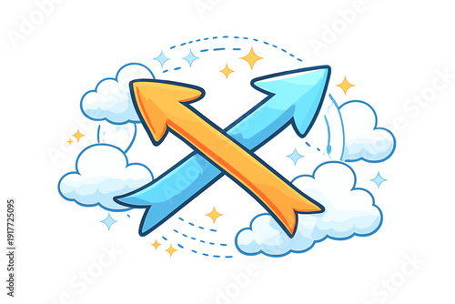 A cartoon illustration featuring two crossed arrows, one orange and one blue, surrounded by white fluffy clouds and small stars against a dark background with dashed lines.