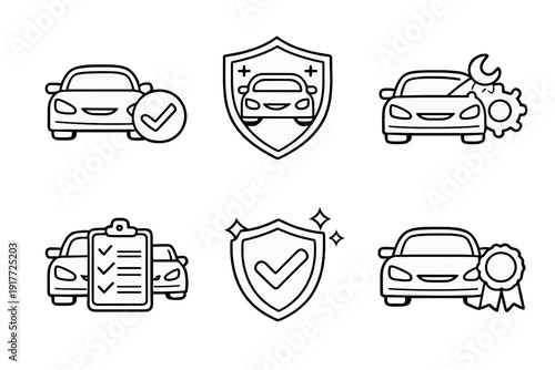 Six white line icons on a black background depicting car-related services such as insurance, maintenance, inspection, and quality certification for automotive businesses.