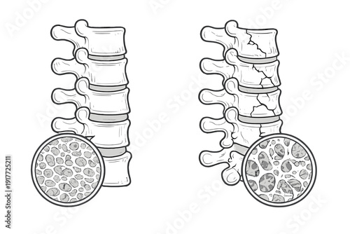 This medical diagram illustrates the difference between healthy bone and osteoporosis in the human spine, showing fractures and changes in bone density through magnified circular views.