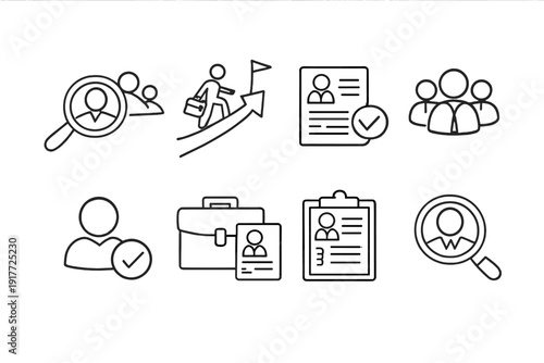 This set of eight white line icons on a black background illustrates human resources and recruitment themes, including job searching, career advancement, and candidate selection.