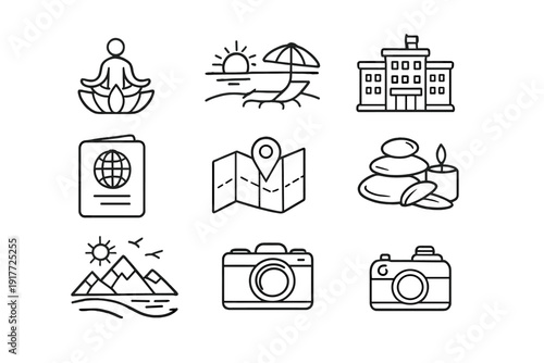 This set features nine black and white line art icons for travel and relaxation, showcasing elements like a camera, map, hotel, spa stones, passport, and mountain landscape.