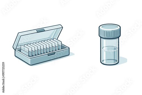 This vector illustration shows a storage box filled with glass microscope slides and a small specimen jar with a screw cap, used for medical testing and scientific analysis.