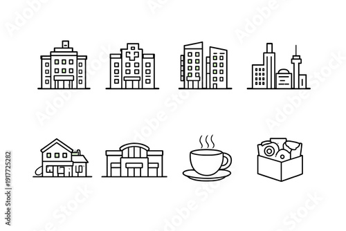 A collection of eight minimalist white line icons on a black background featuring various urban buildings, a hospital, a house, a cup of hot coffee, and a box of donuts.