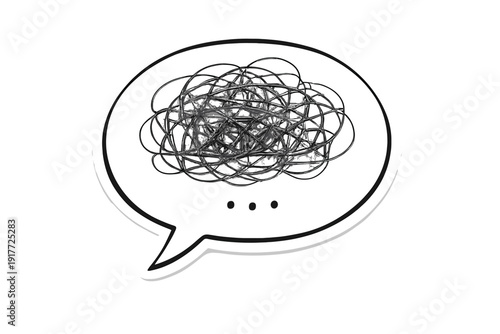 A black and white illustration of a speech bubble containing a tangled mess of scribbled lines and an ellipsis, representing confusion, mental health, or complex thoughts.