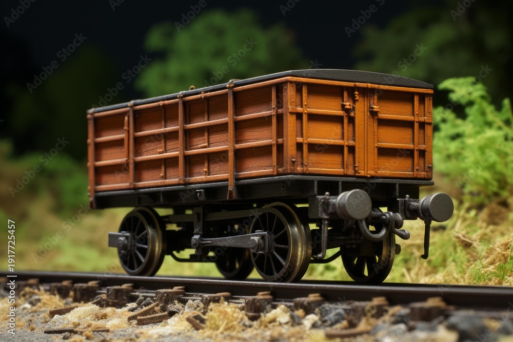 Obraz premium Miniature empty wooden train wagon standing on railroad track in a diorama